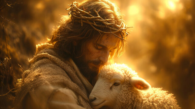 Jesus Christ as Shepherd, Lord and Saviour, gently holding a lamb. AI generated image	