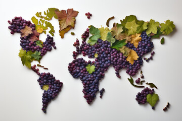 Creative flat lay of world map made out of various grape clusters and wine leaves, with wine drops, symbolizing the global wine industry concept