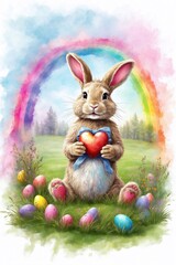 easter bunny with heart in meadow, watercolor holiday design, perfect for cards and greetings