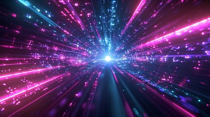 Futuristic abstract flight in retro neon hyper warp space in the tunnel blue and pink  background. - obrazy, fototapety, plakaty