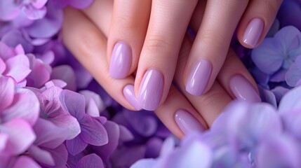 Glamour woman hand with trendy lilac color nail polish manicure on fingers, touching light purple spring flower petals, close up for cosmetic advertising, feminine product, romantic atmosphere use. - obrazy, fototapety, plakaty