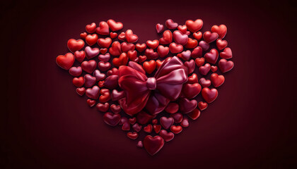 Heart is made of variety of red ceramic hearts of different shades, shapes and sizes, decorated with original bow. On dark burgundy background. Valentine day concept for design. Symbol of love.