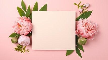 an aesthetic Valentine's Day and Mother's Day mockup template, featuring a wreath made of pink peonies flowers and a blank square paper sheet on a pink background with copy space. - Powered by Adobe