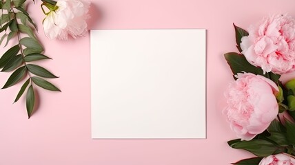 an aesthetic Valentine's Day and Mother's Day mockup template, featuring a wreath made of pink peonies flowers and a blank square paper sheet on a pink background with copy space. - obrazy, fototapety, plakaty