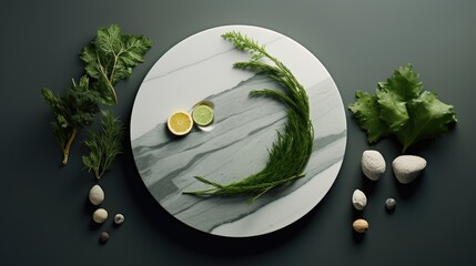 a minimalist still life composition with stones, a round Mandala, and Green Thuja, the composition with an abstract modern art concept, crafting a scene in a minimalist modern style.