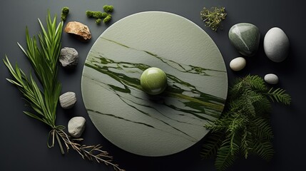a minimalist still life composition with stones, a round Mandala, and Green Thuja, the composition...