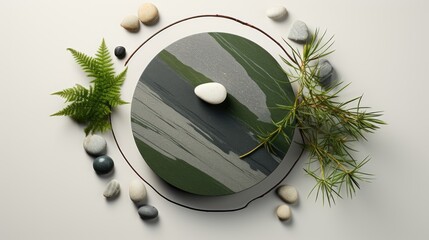 a minimalist still life composition with stones, a round Mandala, and Green Thuja, the composition with an abstract modern art concept, crafting a scene in a minimalist modern style.