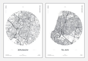 Travel poster, urban street plan city map Jerusalem and Tel Aviv, vector illustration - obrazy, fototapety, plakaty