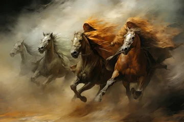 Selbstklebende Fototapeten Whirling sandstorm horsemen, riding on gusts of wind with unrivaled speed - Generative AI © Sidewaypics