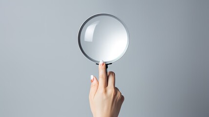 a woman holding a magnifying glass in a closeup shot against a grey background, a composition in a minimalist modern style, highlighting the simplicity and focus.