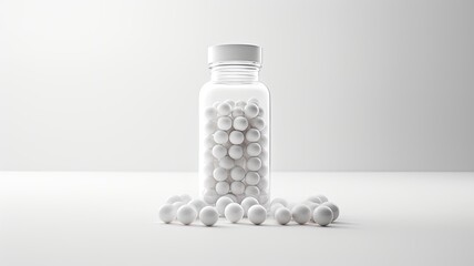 transparent pills in a white plastic bottle beside a glass of water,the composition in a minimalist modern style, showcasing capsules, collagen, vitamins, drugs.