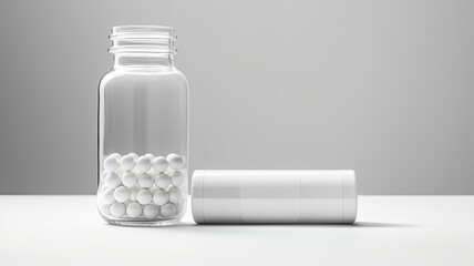 transparent pills in a white plastic bottle beside a glass of water,the composition in a minimalist modern style, showcasing capsules, collagen, vitamins, drugs.