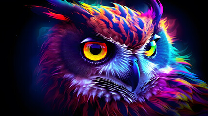a colorful owl with yellow eyes