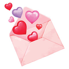 Open envelope with colorful hearts coming out of it watercolor vector illustration. Romantic, love and valentine day concepts