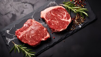raw beef steaks with spices on a wooden cutting board placed on a black stone or concrete background, the top view with ample copy space, in a minimalist modern style.