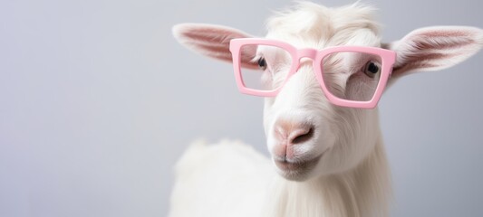 Funny easter animal banner - Closeup of white goat with pink sunglasses