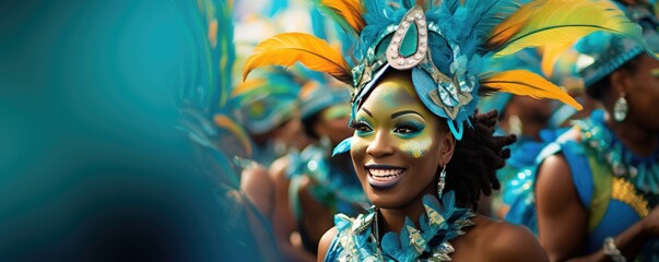 Beautiful Brazilian woman wearing colorful Carnival costume. Samba carnival dancer in feathers costume. Street parade in city, celebrating party. Bright tropical colors - obrazy, fototapety, plakaty