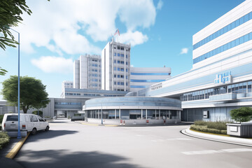 Fototapeta na wymiar Hospital building. Care center. Building in the medical field. Medical profession. Hospital building architecture. ​
