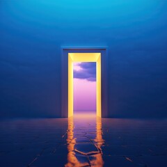 door is open in a blue wall, with a yellow and pink sky seen through the door