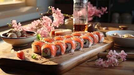 3D of Side view of portion of Japanese sushi roll, avocado and salmon on top served on wooden board.Generative AI
