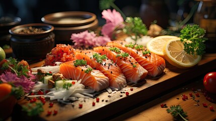 3D of Sliced salmon sashimi, Japanese raw food delicious menu, famous fish from Norway.generative AI