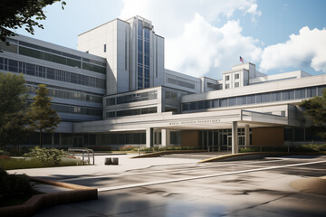 Fototapeta premium Hospital building. Care center. Building in the medical field. Medical profession. Hospital building architecture. ​