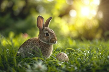Fototapeta premium Bunny cub next to Easter nest in the morning light