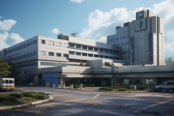 Obraz premium Hospital building. Care center. Building in the medical field. Medical profession. Hospital building architecture. ​