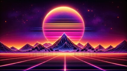Obraz premium Abstract retro sci-fi grid 80's, 90's neon colors night and sunset, vintage cyberpunk illustration, retro synthwave style neon landscape background.
