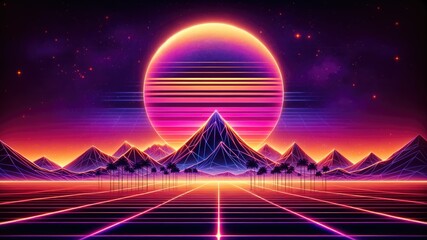 Abstract retro sci-fi grid 80's, 90's neon colors night and sunset, vintage cyberpunk illustration, retro synthwave style neon landscape background.