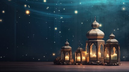 Fototapeta premium Ramadan Kareem celebration background illustration with arabic lanterns and moon