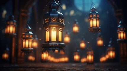 Obraz premium Ramadan Kareem celebration background illustration with arabic lanterns and moon
