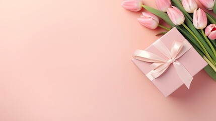 Obraz na płótnie Canvas a Mother's Day concept, featuring a stylish pink gift box adorned with a ribbon bow and a bouquet of tulips on an isolated pastel pink background with ample copyspace.