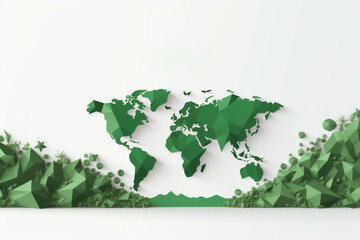 World map illustration for environment and earth day concept, ecology, cities and green forest, sustainable development goals.