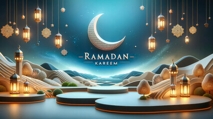 Ramadan Kareem celebration background illustration with Mosque, arabic lanterns and moon. - obrazy, fototapety, plakaty