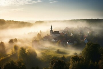 Aerial view of misty village with a church silhouette. Generative AI
