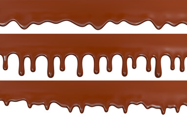 Brown chocolate melting and flowing down. Dripping liquid set. 3D rendering.