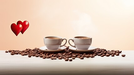 two coffee cups, coffee beans, and a romantic breakfast scene on Valentine's Day, adhering to a minimalist modern style.