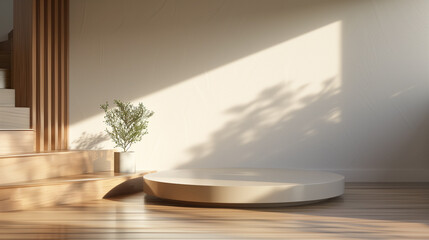 Empty podium with a tranquil minimalist interior corner, bathed in natural sunlight with a single potted plant.