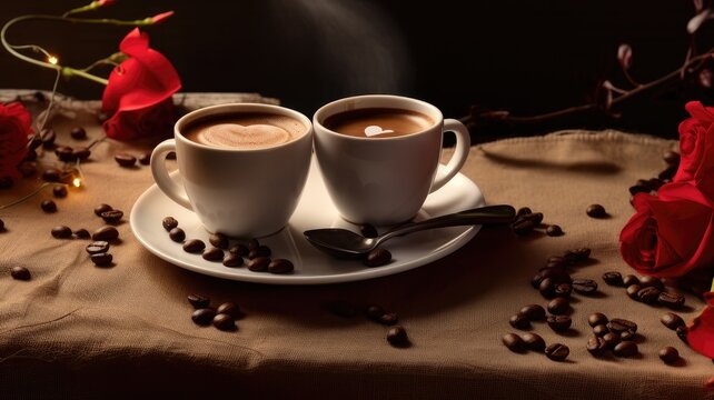 two coffee cups, coffee beans, and a romantic breakfast scene on Valentine's Day, adhering to a minimalist modern style.