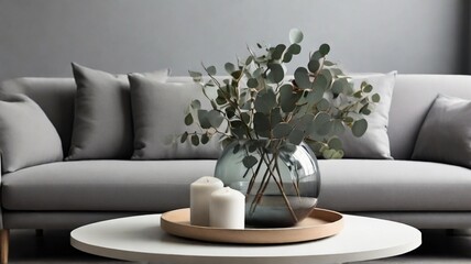 vase with eucalyptus branches on a white coffee table