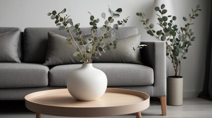 vase with eucalyptus branches on a white coffee table
