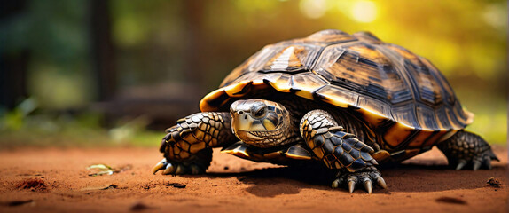 Obraz premium Tortoise dwells on land warm golden light illuminating its earthy brown and black coat, blurred background