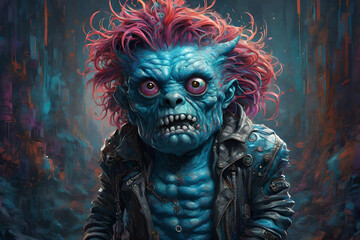 A fantasy illustration of a Monster wearing punk rock clothes, blue coloring - obrazy, fototapety, plakaty