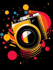 T-shirt design, a dynamic pop art illustration of a camera lens, the vibrant colors and bold halftone dots capturing created with Generative Ai
