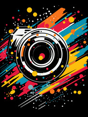 Obraz premium T-shirt design, a dynamic pop art illustration of a camera lens, the vibrant colors and bold halftone dots capturing created with Generative Ai