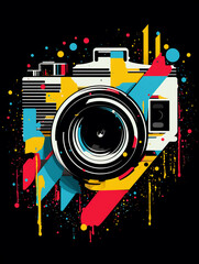 Fototapeta premium T-shirt design, a dynamic pop art illustration of a camera lens, the vibrant colors and bold halftone dots capturing created with Generative Ai