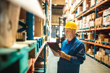 Senior warehouse worker with hard hat checking inventory on clipboard