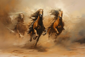 Whirling sandstorm horsemen, riding on gusts of wind with unrivaled speed - Generative AI - obrazy, fototapety, plakaty