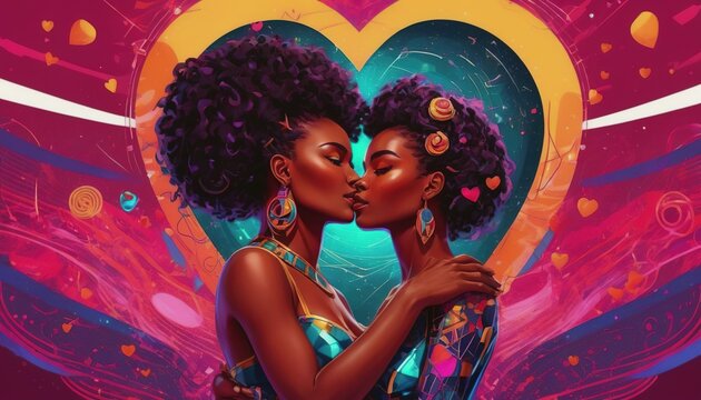Valentine's day in futuristic style, art image of valentine's day in futuristic style, Two black girls kissing